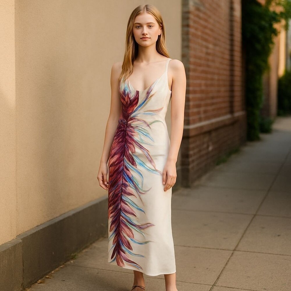 Bisou Bisou White Turquiose Mauve Feather Print Dress Size 14 Michele Bohbot